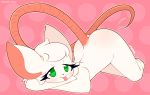  2018 all_fours anthro ass_up bedroom_eyes biped blep blush butt digital_drawing_(artwork) digital_media_(artwork) dotted_background eyelashes female flat_chested front_view full-length_portrait fur green_eyes hair half-closed_eyes hi_res long_tail mammal mouse nude outline pattern_background pink_background pink_tail pink_tongue pinup portrait pose rat_tail reggie_(whygena) rodent seductive simple_background smile solo tongue tongue_out toony white_fur white_hair whygena 