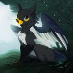  avian azukipuddles beak bird blue_eyes branch chest_tuft claws detailed_background feathered_wings feathers female feral flower grass gryphon hi_res looking_at_viewer outside plant ria_woof17 sitting smile spread_wings talons toe_claws tree tuft wings yellow-billed_magpie yellow_beak 