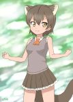  absurdres ascot blurry blurry_background brown_hair commentary extra_ears fossa_(kemono_friends) fossa_ears fossa_tail frilled_skirt frills hair_between_eyes highres kemono_friends looking_at_viewer orange_neckwear pleated_skirt shiraha_maru short_hair skirt sleeveless smile solo yellow_eyes 