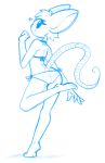  &lt;3 2018 4_fingers 4_toes anthro barefoot bikini biped blue_and_white butt clothing digital_drawing_(artwork) digital_media_(artwork) eyelashes feet female fist flat_chested full-length_portrait guide_lines hair hi_res humanoid_feet humanoid_hands long_tail looking_back mammal midriff monochrome mouse on_one_leg plantigrade portrait raised_heel raised_leg rat_tail rear_view reggie_(whygena) rodent shadow short_hair side-tie_bikini simple_background sketch small_waist smile solo standing swimsuit toes toony white_background whygena 