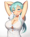  aqua_eyes aqua_hair arms_up blush breasts cleavage commentary_request eyebrows_visible_through_hair gradient gradient_background hair_between_eyes hair_ornament hairclip kantai_collection large_breasts long_hair looking_at_viewer maku_ro open_mouth shirt short_sleeves solo suzuya_(kantai_collection) sweat sweatdrop white_shirt 