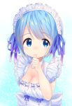  bangs blue_eyes blue_hair blue_ribbon blush breasts child cleavage commentary_request copyright_request dress eyebrows_visible_through_hair gradient gradient_ribbon hair_ribbon highres maid_headdress medium_breasts mimikaki_(men_bow) purple_ribbon ribbon sleeveless sleeveless_dress solo thumb_sucking virtual_youtuber white_dress 