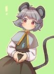  1girl animal_ears blush capelet closed_mouth dress eyebrows_visible_through_hair green_background grey_dress grey_hair hands_together highres jewelry long_sleeves mouse_ears mouse_tail nazrin necklace outline red_eyes sasa_kichi shirt simple_background solo standing tail touhou white_outline white_shirt 