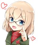  :d adjusting_eyewear aikawa_ryou bangs bespectacled black-framed_eyewear blonde_hair blue_eyes blush commentary emblem eyebrows_visible_through_hair fang girls_und_panzer glasses green_jacket heart highres jacket katyusha long_sleeves looking_at_viewer open_mouth portrait pravda_school_uniform red_shirt school_uniform shirt short_hair simple_background smile solo turtleneck v-shaped_eyebrows white_background 