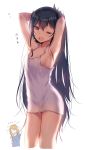  alternate_costume armpits arms_up bare_shoulders black_hair blue_shirt breasts chibi chibi_inset closed_eyes collarbone covered_nipples dot_nose dress eyes_visible_through_hair groin hair_down hand_on_head hands_in_hair highres ichiren_namiro idolmaster idolmaster_cinderella_girls long_hair looking_at_viewer matoba_risa messy_hair multiple_girls nightgown one_eye_closed open_mouth orange_hair oversized_clothes round_teeth shirt short_sleeves sideboob simple_background sleepy small_breasts t-shirt teeth translated tsurime very_long_hair waking_up wavy_mouth white_background white_dress yellow_eyes yuuki_haru 