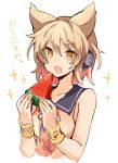  bangs blonde_hair blush commentary earmuffs eyebrows_visible_through_hair food fruit hair_between_eyes holding open_mouth pointy_hair short_hair simple_background sleeveless solo sparkle tori_(10ri) touhou toyosatomimi_no_miko translated upper_body watermelon white_background yellow_eyes 
