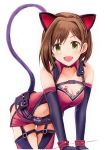  :d animal_ears ass_visible_through_thighs bare_shoulders belt black_gloves blush braid breast_tattoo breasts brown_hair cat_ears cat_tail cleavage collarbone ear_piercing elbow_gloves eyebrows_visible_through_hair fang gloves gluteal_fold green_eyes idolmaster idolmaster_cinderella_girls looking_at_viewer maekawa_miku medium_breasts nannacy7 open_mouth paw_print piercing short_hair simple_background single_braid smile solo tail tattoo thighhighs white_background 
