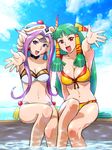  bad_anatomy bikini choker day elf feena_(grandia) grandia grandia_i green_hair hair_tubes liete_(grandia) long_hair multiple_girls pointy_ears purple_hair swimsuit ueyama_michirou water 