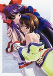  bow breasts brown_eyes brown_hair hair_bow hug japanese_clothes kimono kimono_pull multiple_girls nakoruru nipples purple_eyes purple_hair rimururu samurai_spirits scan scan_artifacts siblings sisters source_request undressing watanabe_akio winter 