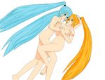  2girls 3d akita_neru anomarokarintou aqua_eyes aqua_hair blonde_hair blush breasts hatsune_miku highres long_hair miku_hatsune mikumikudance mmd multiple_girls navel neru_akita nude ponytail twintails vocaloid yuri 