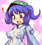  1girl blue_eyes blue_hair blush breasts breasts_apart dissolving_clothes hakika hat kawashiro_nitori lowres medium_breasts nipples see-through short_twintails solo surprised touhou twintails two_side_up wardrobe_malfunction 