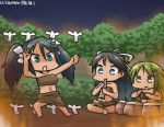  :3 alternate_costume bare_arms bare_shoulders barefoot black_hair blue_eyes bow commentary_request crescent crescent_hair_ornament dancing dated drum fire green_eyes green_hair hair_between_eyes hair_bow hair_ornament hair_ribbon hamu_koutarou indian_style instrument isuzu_(kantai_collection) kantai_collection katsuragi_(kantai_collection) long_hair midriff multiple_girls music nagatsuki_(kantai_collection) playing_instrument ponytail ribbon sarong shikigami sitting twintails white_bow white_ribbon 