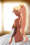  airem0213 arm_warmers ass bare_shoulders bed_sheet black_bra blonde_hair blurry blurry_background blush bottomless bra breasts circlet dark_skin high_ponytail highres indoors large_breasts long_hair looking_at_viewer on_bed ponytail sasha_(sennen_sensou_aigis) sennen_sensou_aigis solo tan underwear yellow_eyes 