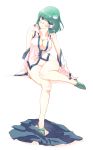  adjusting_footwear bare_shoulders blush bottomless breasts cleavage collarbone covered_nipples detached_sleeves frog_hair_ornament full_body green_eyes green_footwear green_hair groin hair_ornament hair_tubes head_tilt highres invisible_chair kochiya_sanae looking_at_viewer medium_breasts no_panties non_(z-art) nontraditional_miko partially_unbuttoned shirt shoes short_hair simple_background sitting skirt skirt_removed solo touhou white_background wide_sleeves 