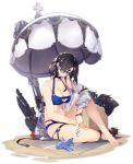  33_(mkiiiiii) adapted_costume ark_royal_(azur_lane) azur_lane bare_shoulders barefoot bikini black_hair blue_bikini blue_eyes bracelet breasts cleavage earrings eyewear_pull holding jacket jewelry large_breasts looking_at_viewer mutsuki_(azur_lane) official_art photo_(object) short_hair sitting smile solo sunglasses swimsuit 