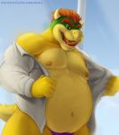  anthro areola bowser close-up clothed clothing hair horn king koopa male manly mario_bros mostly_nude musclegut muscular navel nintendo nipples open_mouth parent pecs red_eyes royalty scalie sharp_teeth shirt smile solo speedo spelunker_sal standing swimsuit teeth thick_thighs tongue tongue_out video_games 