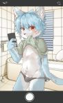  anthro blue_fur blush canine cellphone clothed clothing clothing_lift cub cute_fangs fur male mammal navel nekowuwu nipples penis penis_base phone red_eyes red_fur shirt shirt_lift solo speedo standing swimsuit teenager white_fur wolf young 