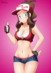  1girl absurdres breasts brown_hair cleavage cosplay creatures_(company) fatal_fury game_freak hat highres midriff navel nintendo pokemon pokemon_(game) pokemon_bw ponytail short_shorts shorts solo terry_bogard_(cosplay) thumbs_up touko_(pokemon) yukino_memories 