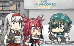  3girls ahoge ahoge_wag animal_print apron bear_print blush commentary_request cup_ramen dated expressive_hair eyepatch factory gloves green_hair hairband hakama hamu_koutarou head_scarf highres japanese_clothes kantai_collection kawakaze_(kantai_collection) kiso_(kantai_collection) long_hair multiple_girls muneate partly_fingerless_gloves red_hair remodel_(kantai_collection) scarf school_uniform serafuku shoukaku_(kantai_collection) sidelocks sparkle sparkling_eyes tasuki translated twintails white_hair yugake 