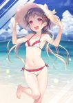  :d barefoot bikini blue_sky brown_hair cloud commentary_request day feet_out_of_frame flat_chest floral_print frilled_bikini frills hands_on_headwear hat horizon long_hair looking_at_viewer low_twintails navel nekokan_masshigura ocean open_mouth original outdoors print_bikini red_eyes side-tie_bikini sky smile solo standing standing_on_one_leg straw_hat sun_hat swimsuit twintails white_bikini 