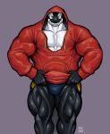  anthro big_muscles black_skin cetacean clothing grin hoodie looking_at_viewer male mammal marine muscular muscular_male muscular_thighs orca pecs plain_white simple_background smile solo standing teeth vein whale white_skin 
