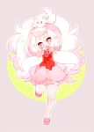  :d animal animal_on_head arms_up blush_stickers bow full_body hair_bow long_hair looking_at_viewer moemon on_head open_mouth personification pink_bow pink_eyes pink_footwear pink_skirt pokemon skirt smile solo standing standing_on_one_leg swirlix very_long_hair white_hair yuzu_ichika 