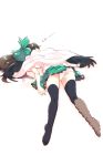  ass bird_wings black_hair black_legwear bow cape hair_bow highres long_hair lying miniskirt non_(z-art) on_stomach open_mouth panties pantyshot pantyshot_(lying) reiuji_utsuho shirt short_sleeves simple_background skirt sleeping solo thighhighs touhou underwear white_background white_panties wings 