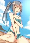  bangs beach between_legs bikini blue_bikini blue_sky blush breasts cloud collarbone commentary_request covering covering_one_breast day eyebrows_visible_through_hair frilled_bikini frills grey_hair hair_ribbon hand_between_legs kantai_collection kasumi_(kantai_collection) long_hair looking_at_viewer ocean open_mouth outdoors pallad remodel_(kantai_collection) ribbon sand side_ponytail sidelocks sitting sky small_breasts swimsuit wariza white_ribbon 