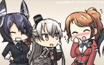  :d amatsukaze_(kantai_collection) aquila_(kantai_collection) black_hair blush checkered checkered_neckwear commentary_request dated eyepatch flying_sweatdrops food food_on_face gloves grin hair_ornament hair_tubes hairclip hamu_koutarou handkerchief headgear high_ponytail highres kantai_collection kasumi_(kantai_collection) long_hair multiple_girls necktie nose_blush open_mouth orange_hair rensouhou-kun sauce school_uniform serafuku short_hair silver_hair smile tenryuu_(kantai_collection) two_side_up windsock 