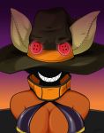  big_breasts breasts clothed clothing eve female glowing glowing_eyes grin hallow_the_hat hat hi_res hidden_face invalid_tag leotard lumihanta magic_user simple_background skimpy smile solo tanned_skin witch witch_hat 