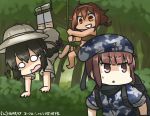  3girls backpack bag beret black_hair braid brown_eyes brown_hair camouflage camouflage_hat commentary_request crying crying_with_eyes_open dated forest grin hamu_koutarou hat helmet isonami_(kantai_collection) kantai_collection long_hair military military_uniform multiple_girls nature o_o pith_helmet rope sarong scarf shaded_face shiratsuyu_(kantai_collection) short_hair smile streaming_tears sweat tears uniform z3_max_schultz_(kantai_collection) 