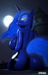  2018 3d_(artwork) anthro big_breasts breasts butt cutie_mark digital_media_(artwork) equine eyelashes female friendship_is_magic hair hi_res horn long_hair looking_at_viewer looking_back mammal my_little_pony nipples nude princess_luna_(mlp) sfrogue side_boob smile solo source_filmmaker thick_thighs 