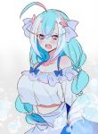  1girl :o ahoge aqua_hair blue_eyes blue_skirt blush braid breasts cleavage hair_between_eyes hair_ornament large_breasts midriff_peek personification pokemon primarina skirt solo standing star star_hair_ornament twin_braids upper_body yuzu_ichika 