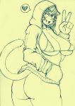  &lt;3 anthro big_breasts bra breasts butt cat claws cleavage clothed clothing fangs feline female hair hi_res hoodie long_hair mammal monochrome nipple_bulge open_mouth pawpads paws simple_background smile solo toco_(artist) tongue underwear v_sign 