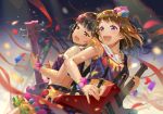  :d back-to-back bang_dream! bangs bass_guitar black_eyes black_hair brown_hair confetti crop_top electric_guitar eyebrows_visible_through_hair glint guitar hair_ornament half-closed_eyes holding holding_instrument instrument medium_hair multiple_girls music open_mouth playing_instrument plectrum pom_pom_(clothes) purple_eyes sailor_collar scaffolding skirt smile star star_hair_ornament streamers suspenders sweat terumii toyama_kasumi upper_teeth ushigome_rimi wristband 