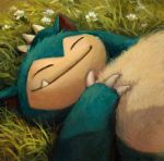  2018 ambiguous_gender claws eyes_closed flower fur grass green_fur kenket lying nintendo plant pok&eacute;mon pok&eacute;mon_(species) sleeping smile snorlax solo tan_fur video_games 