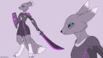  anthro armor arwokom assassin black_sclera blue_eyes canine clothed clothing cyber cyberpunk determined digimon female glowing hi_res looking_at_viewer mammal melee_weapon military ranger renamon shield standing suit sword weapon 