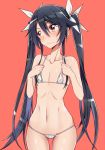 ass_visible_through_thighs bangs bare_arms bare_shoulders bikini black_hair blush closed_mouth collarbone cowboy_shot embarrassed eyebrows_visible_through_hair flat_chest hair_between_eyes hair_ribbon hands_up head_tilt long_hair looking_away looking_to_the_side micro_bikini navel ore_twintail_ni_narimasu red_background red_eyes ribbon shiny shiny_hair shiny_skin sidelocks simple_background solo standing stomach sweatdrop swimsuit tsube_aika twintails very_long_hair white_bikini white_ribbon yuto_(dialique) 