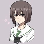  bad_id bad_pixiv_id brown_eyes brown_hair cross girls_und_panzer grey_background highres looking_at_viewer nishizumi_maho ooarai_school_uniform school_uniform serafuku short_hair simple_background single_stripe smile solo tuskryo upper_body 