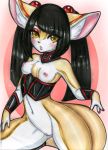  2018 anthro armor black_hair blush breasts canine chest_tuft clothing collar corset eberry female fennec fox hair hand_on_thigh inner_ear_fluff lingerie long_hair looking_at_viewer mammal nipples open_mouth pigtails pussy simple_background small_breasts solo tuft vambraces yellow_eyes 