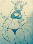  beach black_sclera breasts canine claws cleavage clothed clothing dog female floaty fluffy hair hi_res long_hair mammal monochrome navel nipple_bulge panties seaside sketch solo standing swimsuit toco_(artist) underwear 