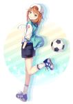  absurdres aqua_hoodie backwards_hat ball baseball_cap brown_eyes brown_hair commentary_request diagonal_stripes grin hat highres hood hoodie ichiren_namiro idolmaster idolmaster_cinderella_girls loose_socks shoes shorts smile sneakers soccer_ball solo striped yuuki_haru 