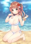  ahoge bare_legs bare_shoulders barefoot beach bikini blurry blurry_background blush breasts brown_eyes brown_hair cleavage closed_mouth collarbone commentary_request day depth_of_field fang fang_out flower front-tie_bikini front-tie_top groin hair_flower hair_ornament halter_top halterneck hands_up head_tilt kneeling large_breasts long_hair looking_at_viewer meito_(maze) navel ocean one_side_up original outdoors red_flower sand side-tie_bikini smile solo striped swimsuit toenails vertical-striped_bikini vertical_stripes water 