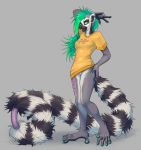  2017 5_fingers 5_toes anthro black_fur blue_hair breasts clothed clothing digital_media_(artwork) facial_piercing female freekilli fur green_eyes grey_fur hair half-closed_eyes lemur looking_at_viewer mammal open_mouth piercing prehensile_feet primate punk pussy ringed_tail ringtail seductive shaved simple_background skirt smile solo tattoo toes white_fur 