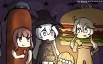  anchorage_hime bat blonde_hair blue_eyes brown_eyes cape commentary_request dated eating food ghost halloween halloween_costume hamburger hamburger_costume hamu_koutarou hat headgear highres iowa_(kantai_collection) kantai_collection multiple_girls open_mouth sailor_hat sausage shinkaisei-kan short_hair sidelocks star star-shaped_pupils symbol-shaped_pupils white_skin witch witch_hat z3_max_schultz_(kantai_collection) 