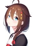  absurdres ahoge blue_eyes blush braid brown_hair circle_cut commentary_request eyebrows_visible_through_hair from_side hair_between_eyes hair_flaps hair_ornament hair_over_shoulder highres kantai_collection long_hair looking_at_viewer looking_to_the_side ochiai_miyabi parted_lips remodel_(kantai_collection) school_uniform serafuku shigure_(kantai_collection) simple_background single_braid solo white_background 