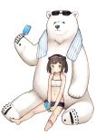  animal bangs bare_arms bare_legs bare_shoulders barefoot bear blue_shorts blush brown_eyes brown_hair closed_mouth collarbone commentary_request crop_top double_bun eyebrows_visible_through_hair eyewear_on_head food holding holding_food kurata_rine looking_at_viewer navel original polar_bear popsicle short_hair short_shorts shorts side_bun sidelocks simple_background sitting soles solo striped striped_towel sunglasses towel towel_around_neck twintails white_background white_camisole 