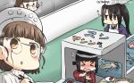  &gt;_&lt; apron black_hair blush brown_hair chef_hat chopsticks closed_eyes commentary_request conveyor_belt dated fish flat_top_chef_hat flying_sweatdrops food fubuki_(kantai_collection) glasses hamu_koutarou happi hat headdress highres japanese_clothes kantai_collection long_hair multiple_girls nachi_(kantai_collection) open_mouth pince-nez remodel_(kantai_collection) roma_(kantai_collection) sparkle squid sushi translated 