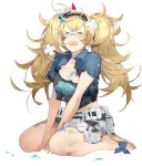  &gt;_&lt; akira_(kadokawa) bandages belt blonde_hair blue_eyes blue_shirt breast_pocket breasts buttons cleavage collarbone collared_shirt crying fish full_body gambier_bay_(kantai_collection) hair_between_eyes hairband kantai_collection large_breasts official_art open_mouth pocket sandals shirt short_sleeves shorts tears torn_clothes transparent_background twintails 