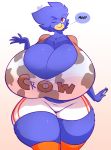  2018 ? anthro avian beak big_breasts bird breasts busty_bird chest_tuft cleavage clothed clothing corvid cow_pattern crow feathers female hi_res huge_breasts hyper hyper_breasts jaeh marker non-mammal_breasts one_eye_closed red_eyes shorts simple_background smile solo speech_bubble standing text thick_thighs tuft voluptuous white_background wide_hips wink yellow_beak 